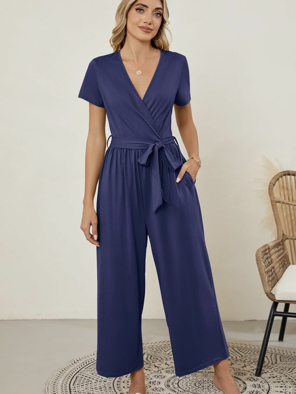 Wrap-Front Navy Short-Sleeve Wide-Leg Jumpsuit